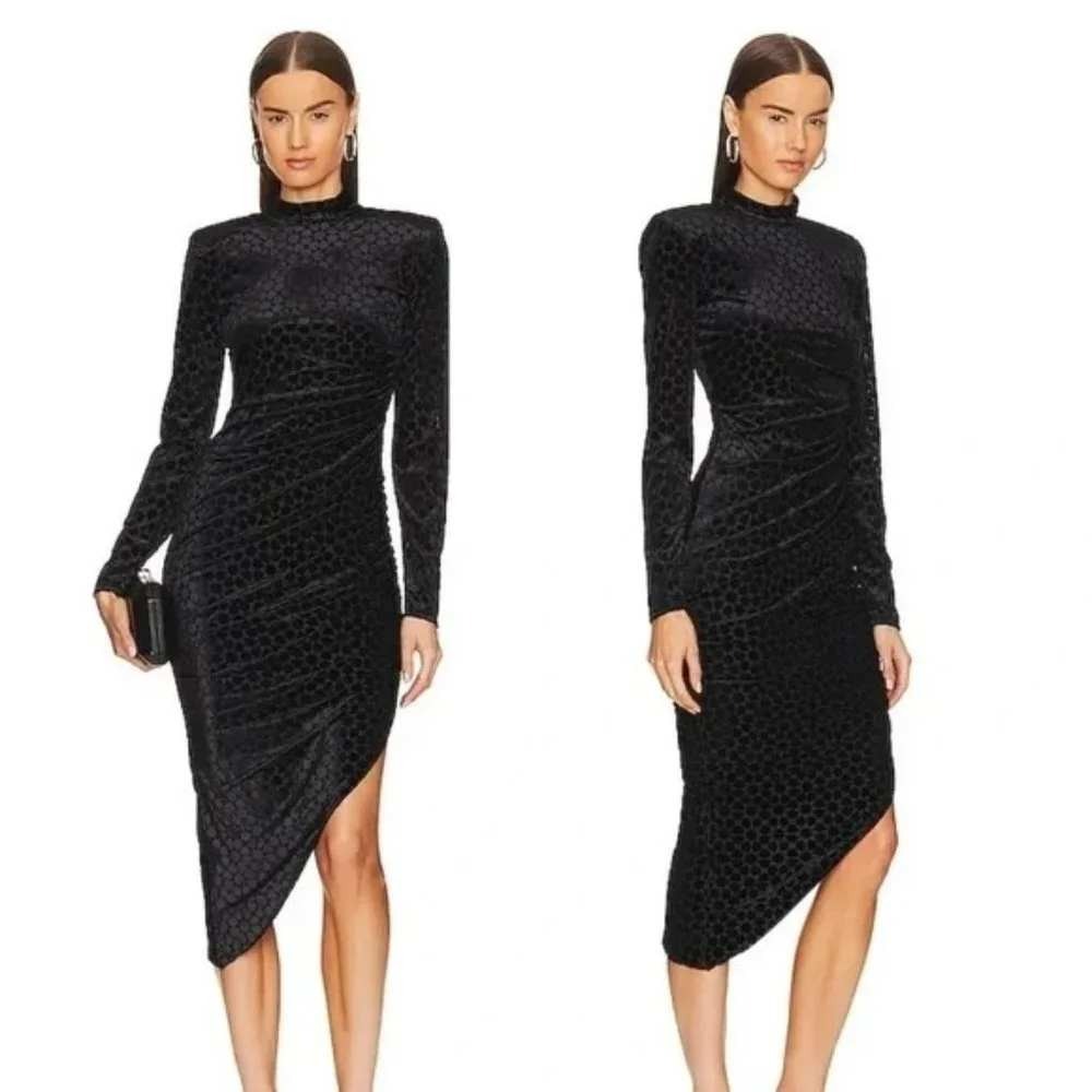 Bailey 44 Aleu Dress Womens Medium Black Velvet Burnout Ruched Mock Neck Midi